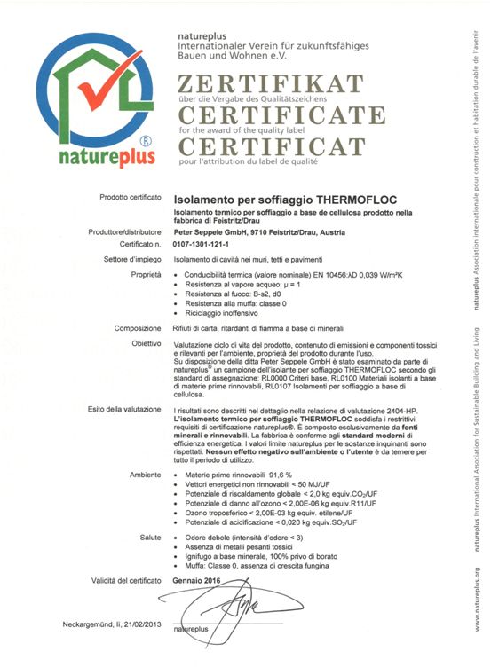 Certificato NaturePlus della cellulosa in fiocchi per temoisolamento Thermofloc